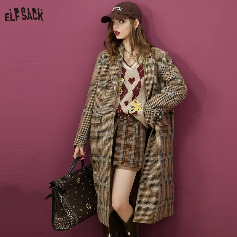 

ELFSACK Brown Warm Wool Coats Women 2022 Winter Mid-length Outwears