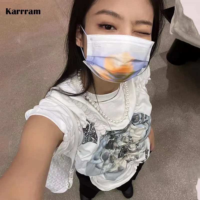 Karrram Jennie Same Tops Korean Fashion Irregular Crop Tops Grunge Fairycore Print T-shirts Y2k Aesthetics Chic Designer Clothes