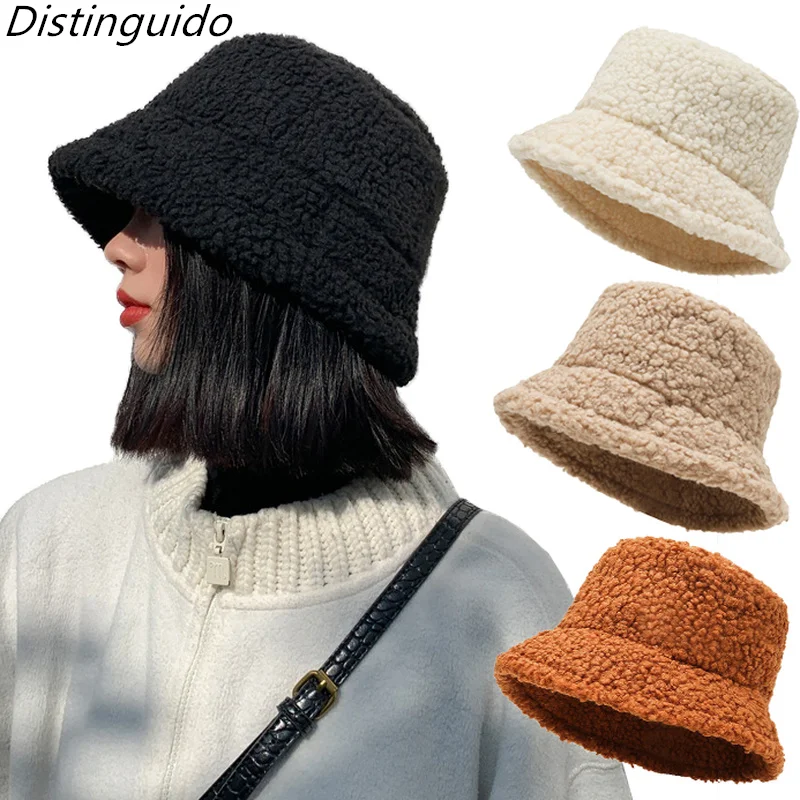 

Winter Warm Bucket Hats Lamb Wool Faux Fur Fisherman Caps Women Thicken Plush Hats Outdoor Keep Warm Fishing Caps Unisex HT176