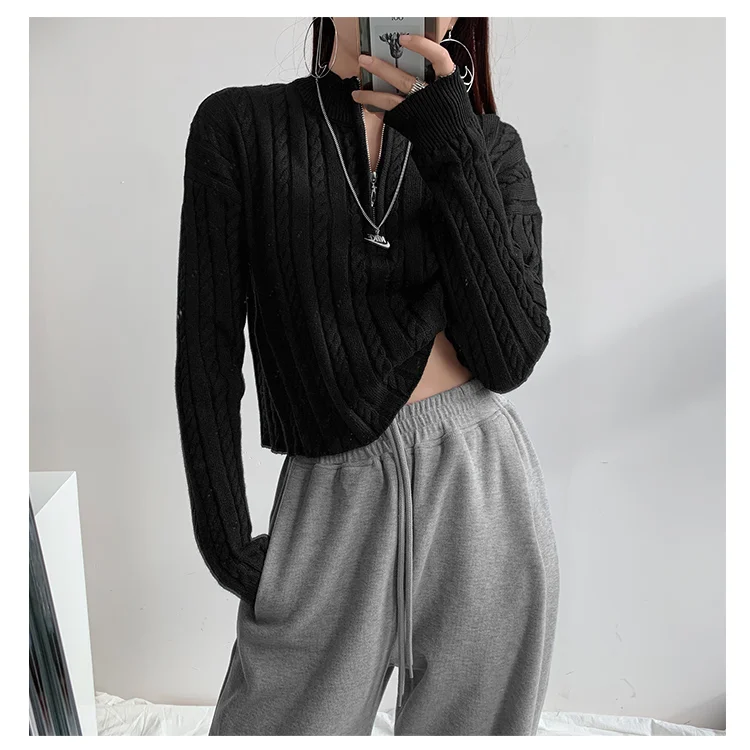 

High Neck Half Zipper Sweater Women 2022 Winter and Autumn Spiral Knit Pullover Retro Outer Wear Long Sleeve Top Fashing Clothes