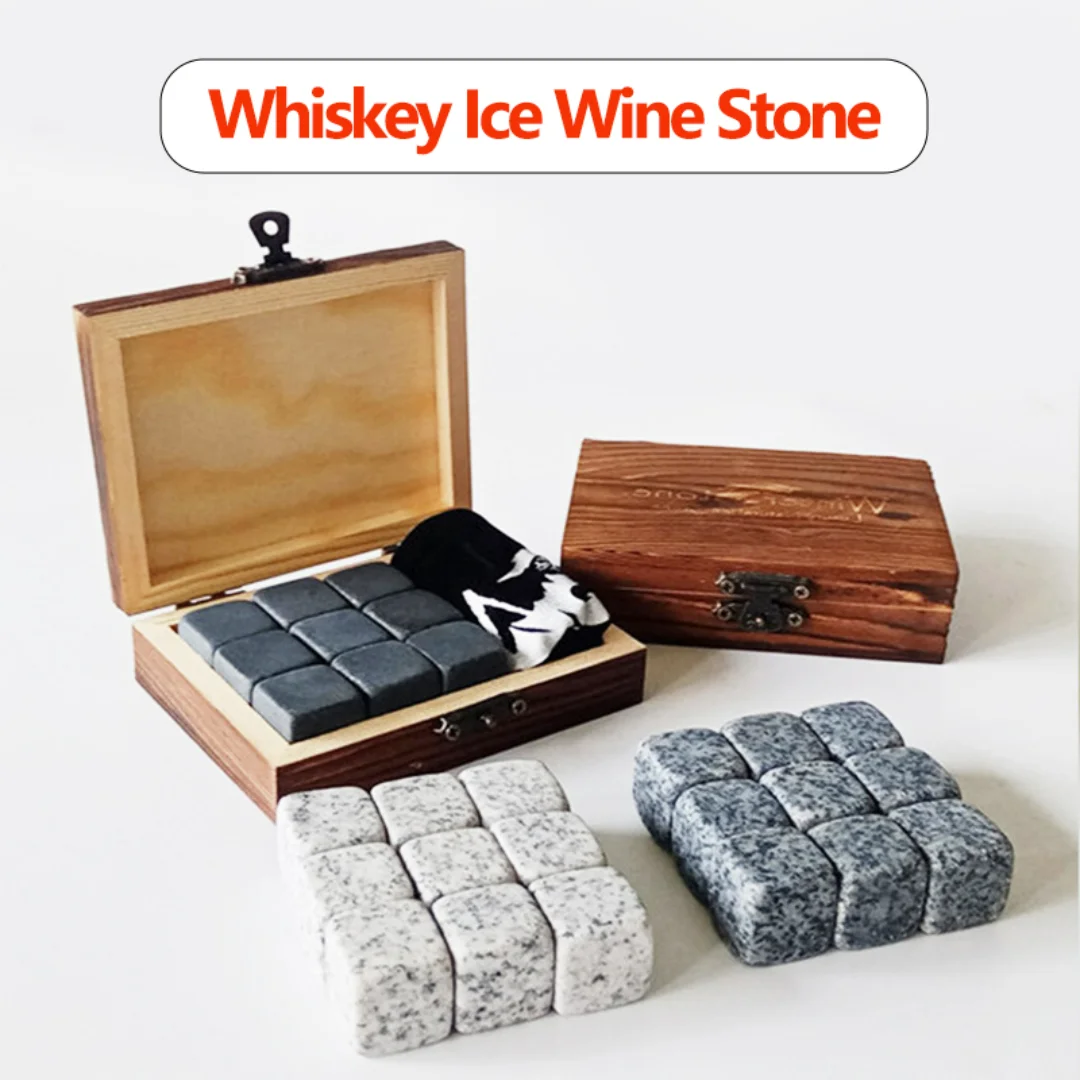 

Home Bar Barware Whiskey Ice Wine Stone Sets 9pcs Granite Marble Iced Drink Stone Reusable Cooling Ice Cube with Wooden Box Gift