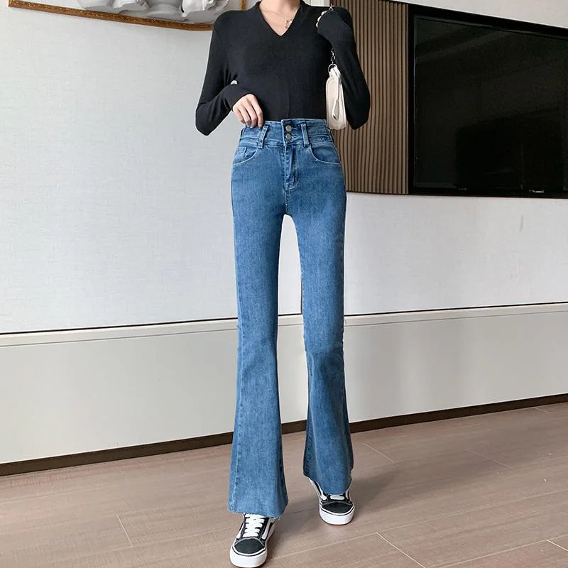Classical Solid Jean Pop Bottom Pants Vintage Burrs High Waist Slim Flared Jeans for Women Two Button Denim Trousers Female 2023
