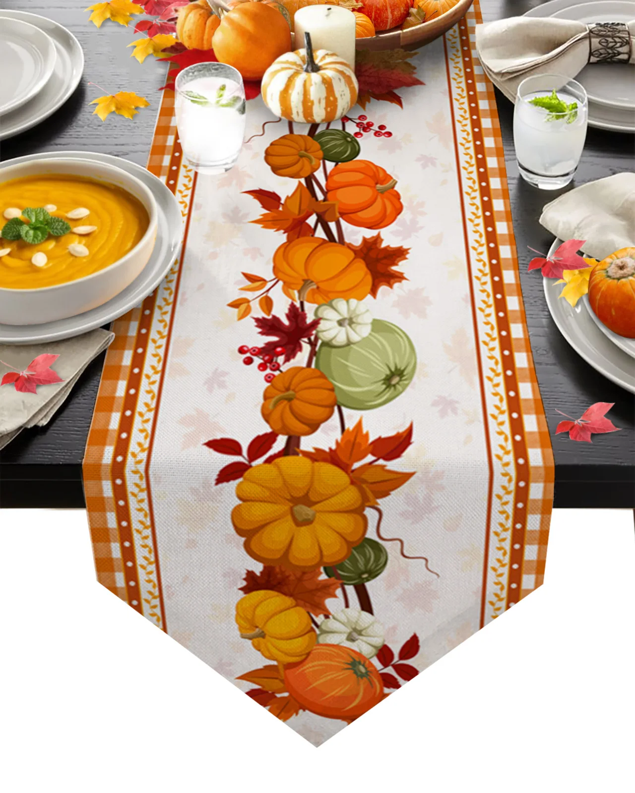 

Thanksgiving Autumn Pumpkin Maple Leaf Plaid Table Runner Boho Wedding Decoration Tablecloth Party House Kitchen Dining Placemat