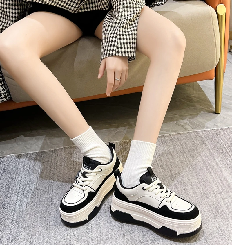 Autuspin Fashion Wedges Heels Women Genuine Leather Height Increasing Sports Shoes Outdoor Round Toe Casual Vulcanized Sneakers