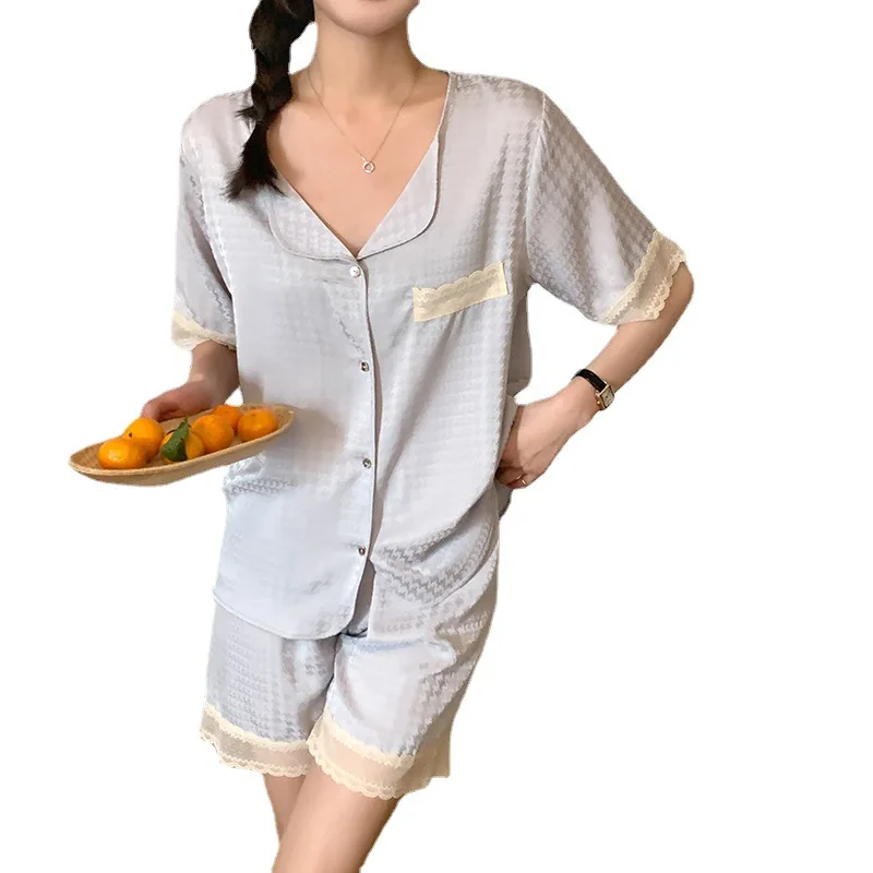 Pajamas Women's Summer Houndstooth Breathable Cardigan Short-sleeved Shorts Suit Comfortable and Cute Soft and Casual Sleepwear