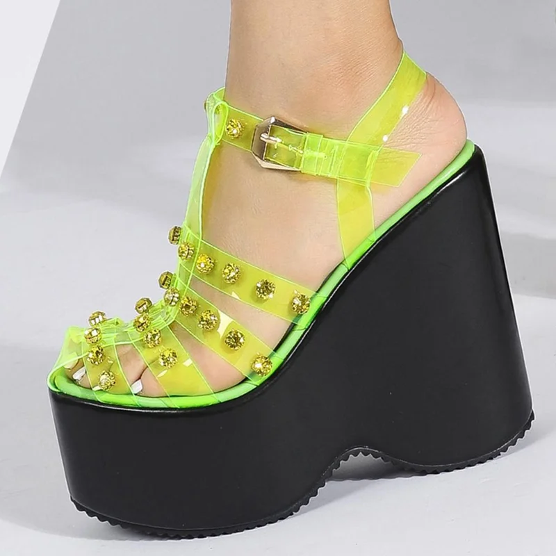 

Florescent Green Clear Strap Sandals Summer Sexy Buckle Diamonds Wedge High Heel Shoes Thick Sole Platform Women Sandal