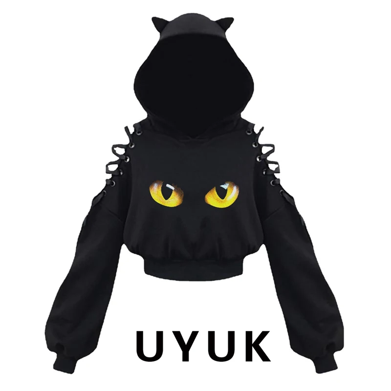 

UYUK Women's Hoodies New Fashion Black&White Cat Japanese Anime Cute Cat Ear Cosplay Belly Button Hoodie Voluptuous Hip-hop Tops