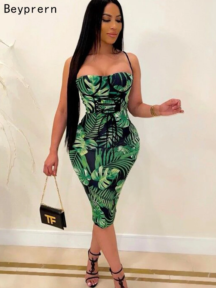 

Beyprern Elegant Off Shoulder Corset Dresses For Women Summer Night Dresses Tropical Plam Print Padded Vacation Dress Sexy Robes