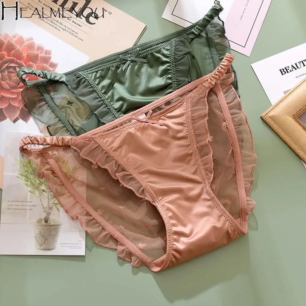 

Ladies Sexy Lace Lingerie Panties Fashion Women Breathable Mesh Panties Ribbon Low Rise Panties Cotton Crotch Triangle Panties