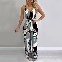 women jumpsuits sexy printed lace up high waist v neck jumpsuits women spaghetti strap backless straight wide leg jumpsuits
