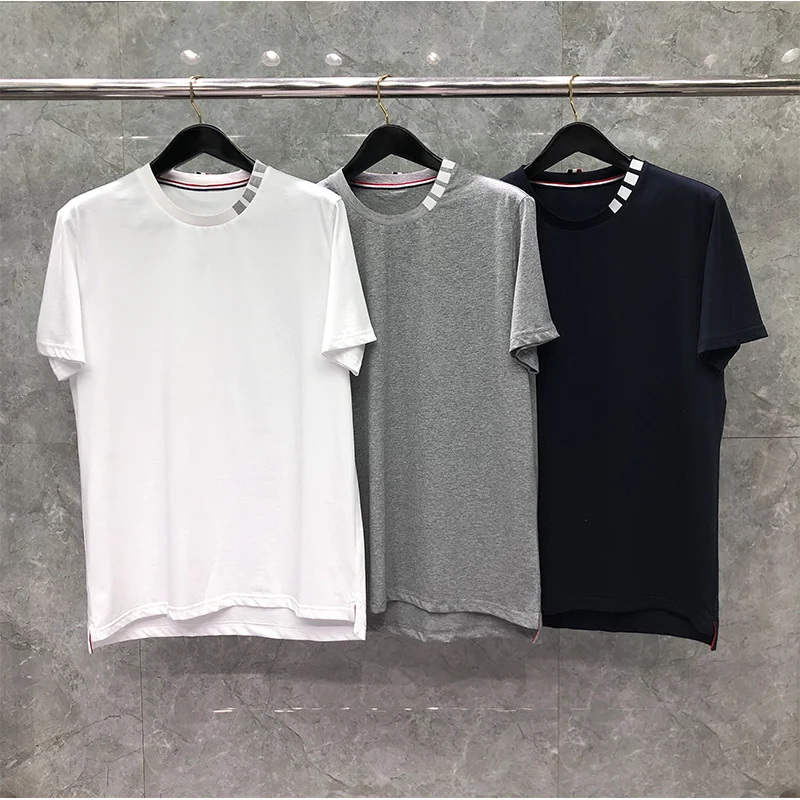 TB THOM Men T-Shirt Pure Cotton Neck Stripes Crew Top Women Blouses Summer Fashion Brand Casual Sport Harajuku T Shirt