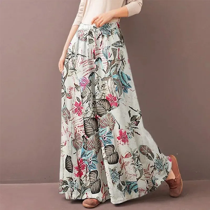 

Retro Women Printing Wide Leg Pants Spring Autumn Fashion Drawstring Elastic Waist Trousers Ladies Casual Loose Pocket Pantalon