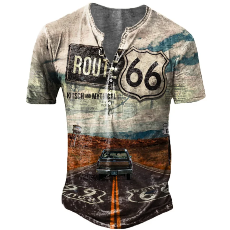 

Vintage Button V-neck American 66 Route T Shirt Short Sleeve Gothic Henley Shirt For Men Oversized Tee Shirt Men Punk Streetwear
