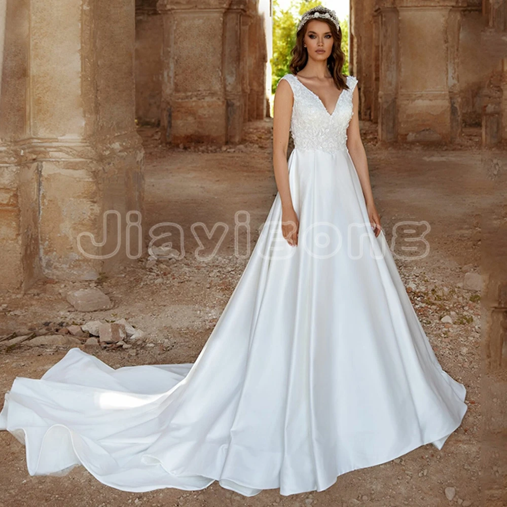 

Jiayigong Vintage Lace Satin Wedding Dress Cap Sleeve V Neck Court Train A Line Women Bridal Dresses with Pockets Bride Gown