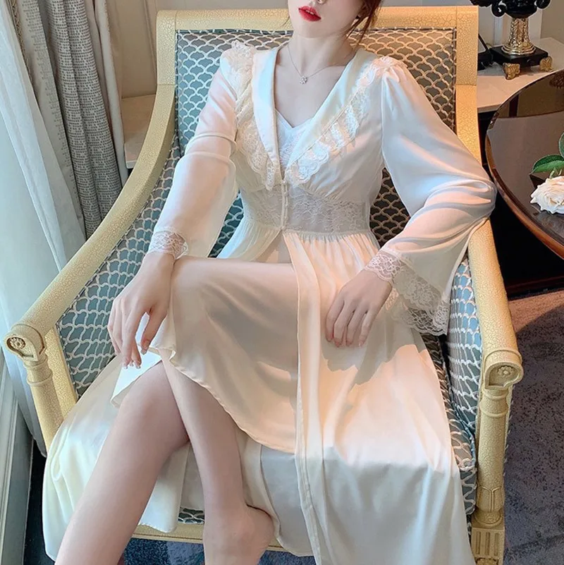 

Women Long Robe Lace Sleepwear Court Style Kimono Bathrobe Gown Sexy Lingerie Casual Suspender Nightdress Home Dress
