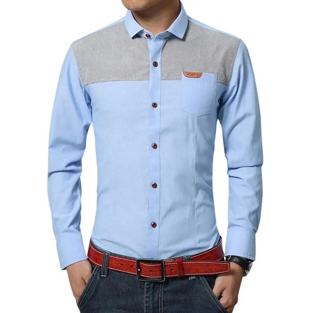 

Мужская рубашка в стиле пэчворк, деловая Повседневная однобортная футболка контрастных цветов, мягкая однобортная Весенняя рубашка