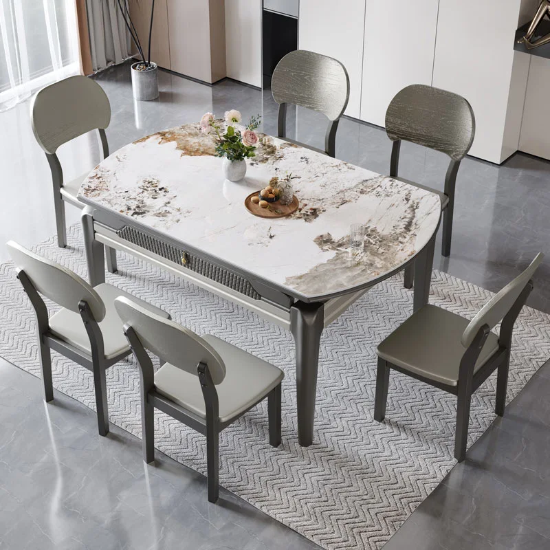 

Solid wood rock plate dining table, variable circle, small household type, retractable dining table and chair combination, light
