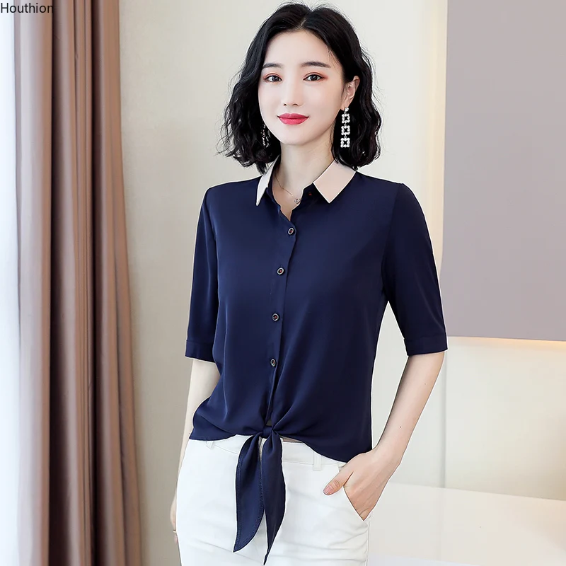 

Satin Slim Fit Women's Blouses New Casual Fashion Short Sleeve Top Solid Buttons Polo Shirt Spring Korean Style Female Clothing