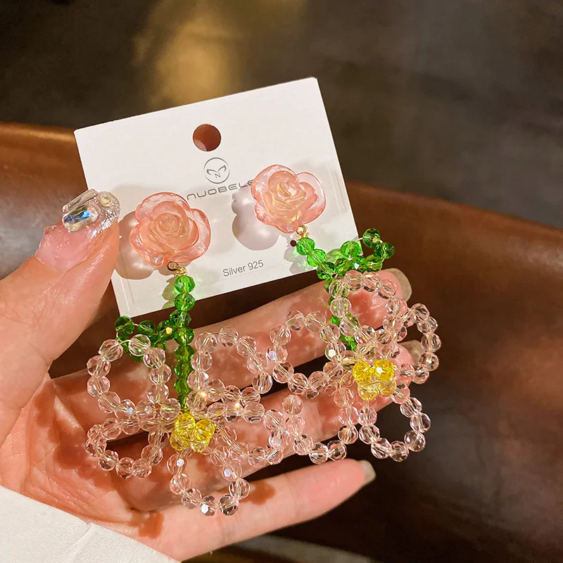 

Silver Needle Crystal Flower Earring for Women Design Versatile Korean Fashion Jewelry Acrylic Wholesale Pendiente Cute/Romantic