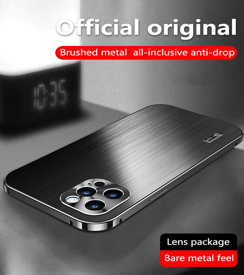 

Luxury Aluminium Metal All-Inclusive Phone Case For iPhone 12 Pro Max Laser Brushed Camera Lens Protective Anti-Drop Back Cover