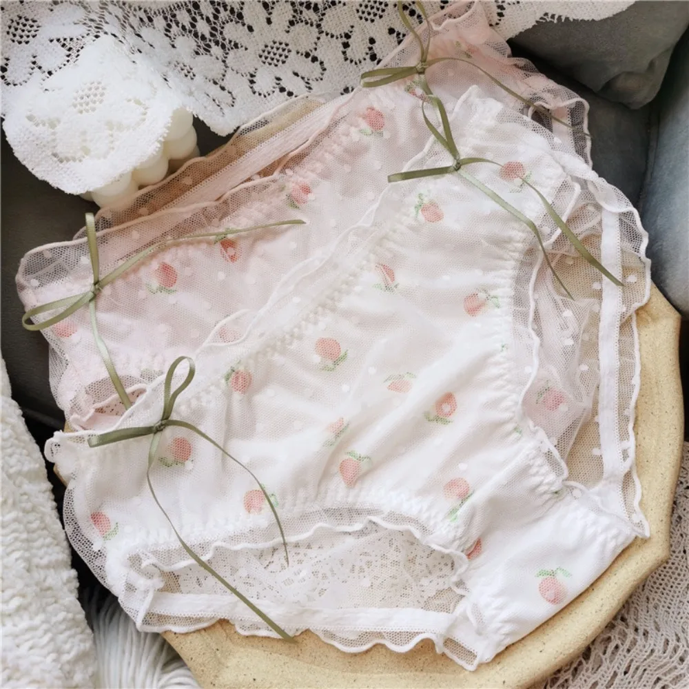 

Desire Anti Bacterial Soft Breathable Cotton Crotch Sweet Girl Lace Panties Ribbon Bow Mid-Waist Briefs Women's Mesh Panties