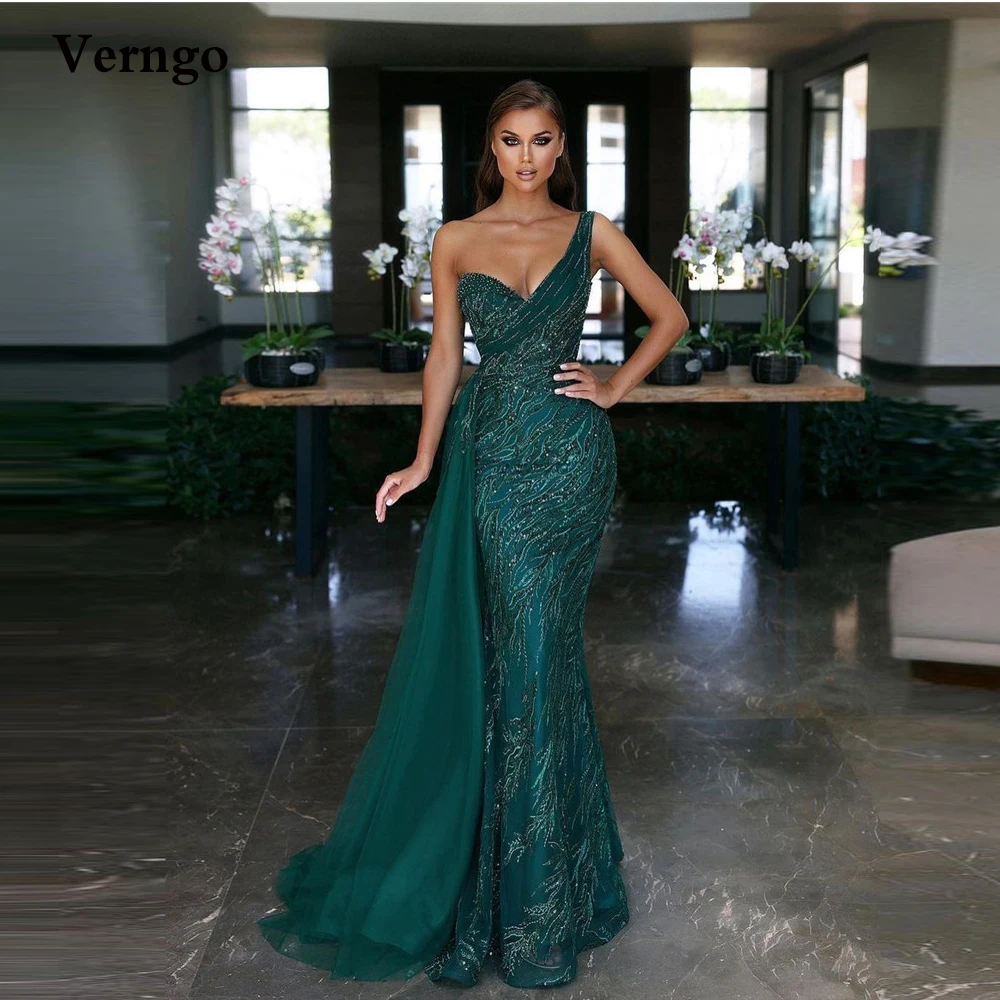 

Verngo Modern Dark Green Lace Mermaid Evening Dresses With Detachable Overskirt One Shoulder Dubai Arabic Women Prom Gowns