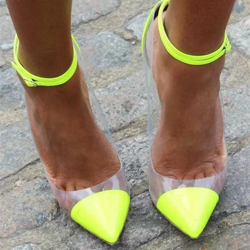 Fluorescent Green Patent Leather PVC Patchwork High Heels Pumps Clear Transparent Ankle Strap Pointed Toe Stiletto Heel Shoes