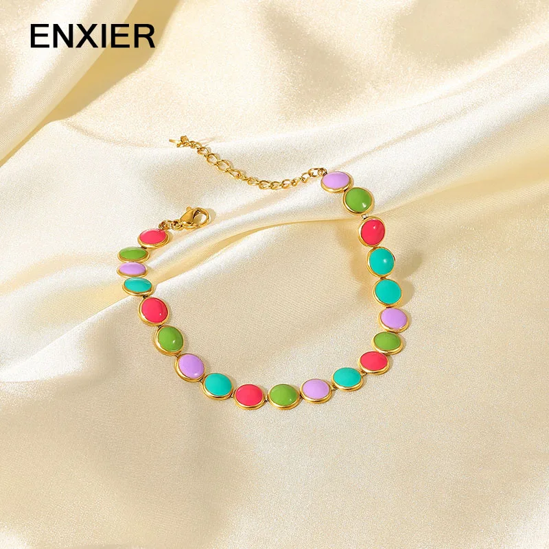 

ENXIER Fashion Trend Round Colored Oil Drip Bracelet For Women Girl Jewelry 316L Stainless Steel Adjustable Bracelet Ladies Gift