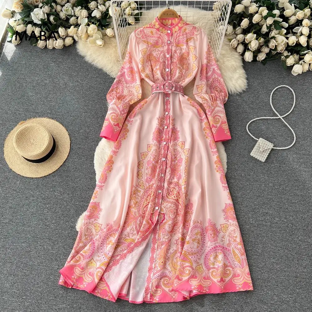 

Za Dress Women 2023 Spring Autumn New Vintage Print Stand Collar Puff Sleeve Belt Button Elegant Temperament Luxury Maxi Dress