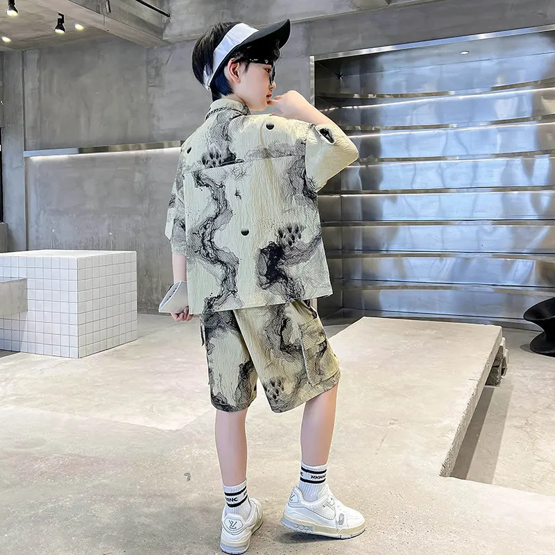 Kids Boys Clothing Sets Summer Fashion Print Shirts+Shorts Two Pieces Casual Outfits High Quality Baby Clothes 3 To 14Years Old