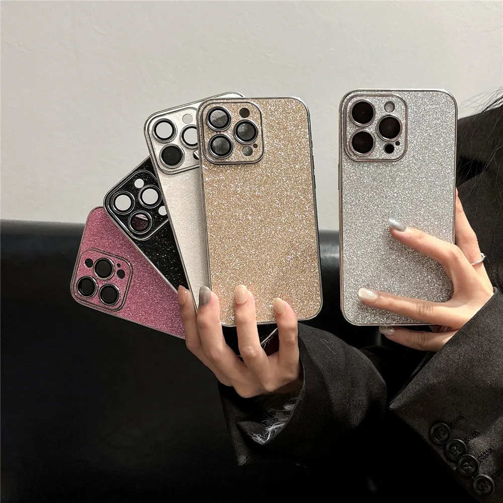 Metal Camera Frame Bling Shining Glitter Cases For iPhone 16 15 14 Plus 13 12 Pro Max Starry Sky Bumper Glass Lens Protect Cover