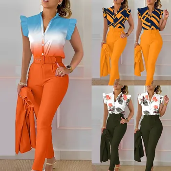 Elegant Office Women Slim Fit Two Piece Set Summer Female Pants Matching Suit Color Gradient Button Shirt And Pants Outfits New 1