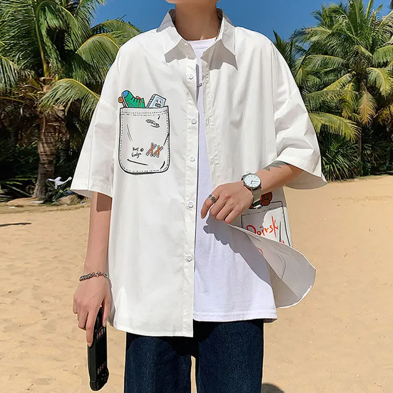 

New Dark Gray Punk Style Shirt Men Cartoon Korean Streetwear Shirts Women All-match Ins Shirt Male Button Up Shirt Loose Summer