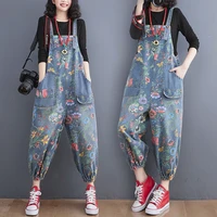 fashion streetwear print floral denim overalls for women dungarees new straps baggy rompers pants loose wide leg jeans jumpsuit