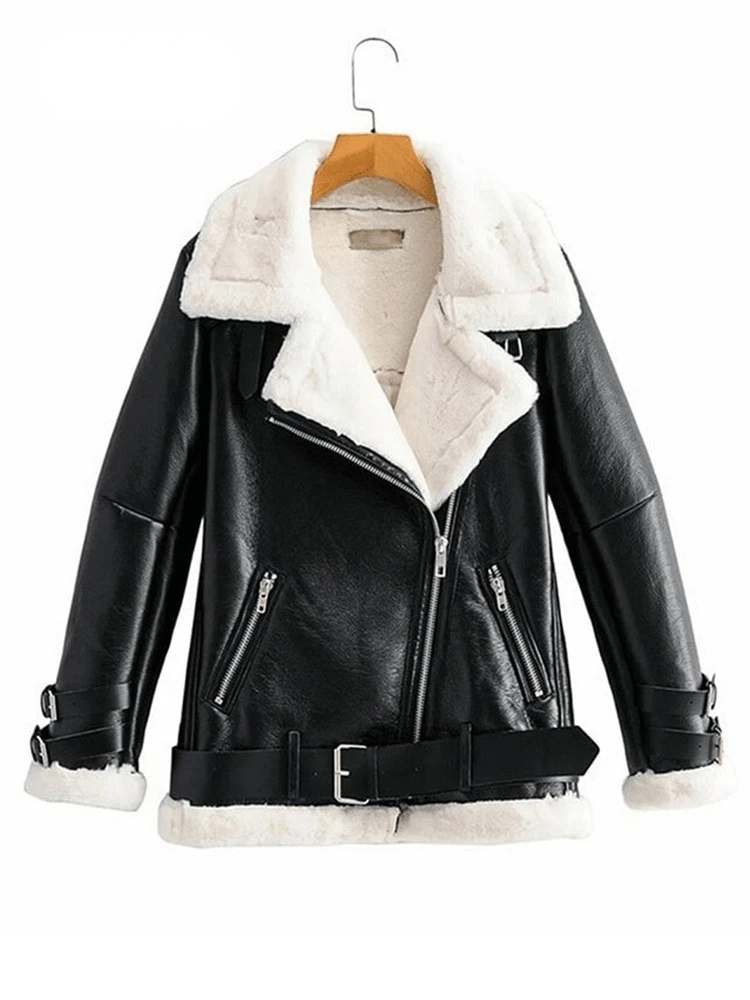 

Women's Synthetic Leather Jackets, Thick and Warm Jackets for Winter with Crow Wool for Autumn and Autumn, with Lace