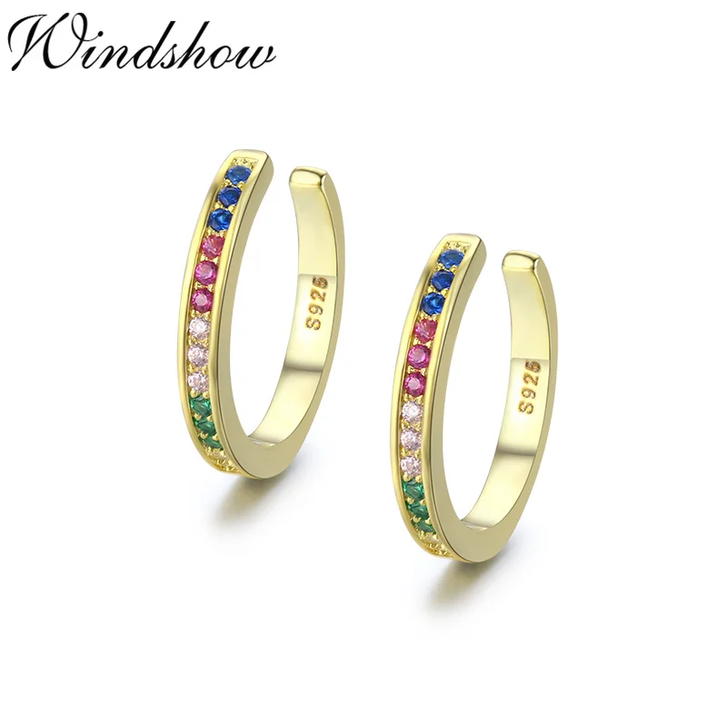 925 Sterling Silver Gold Color Rainbow CZ Circle Clip Earrings For Women Girls Jewelry Ear Cuff Jacket Cartilage Earless Hole | Украшения и