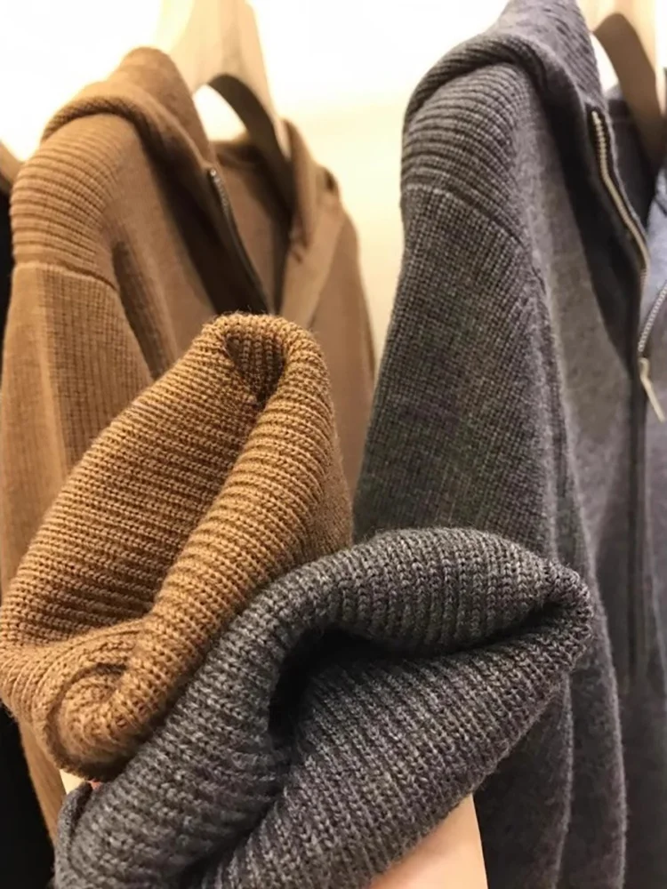 Осенне-зимний серый высококачественный флисовый вязаный кардиган с капюшоном