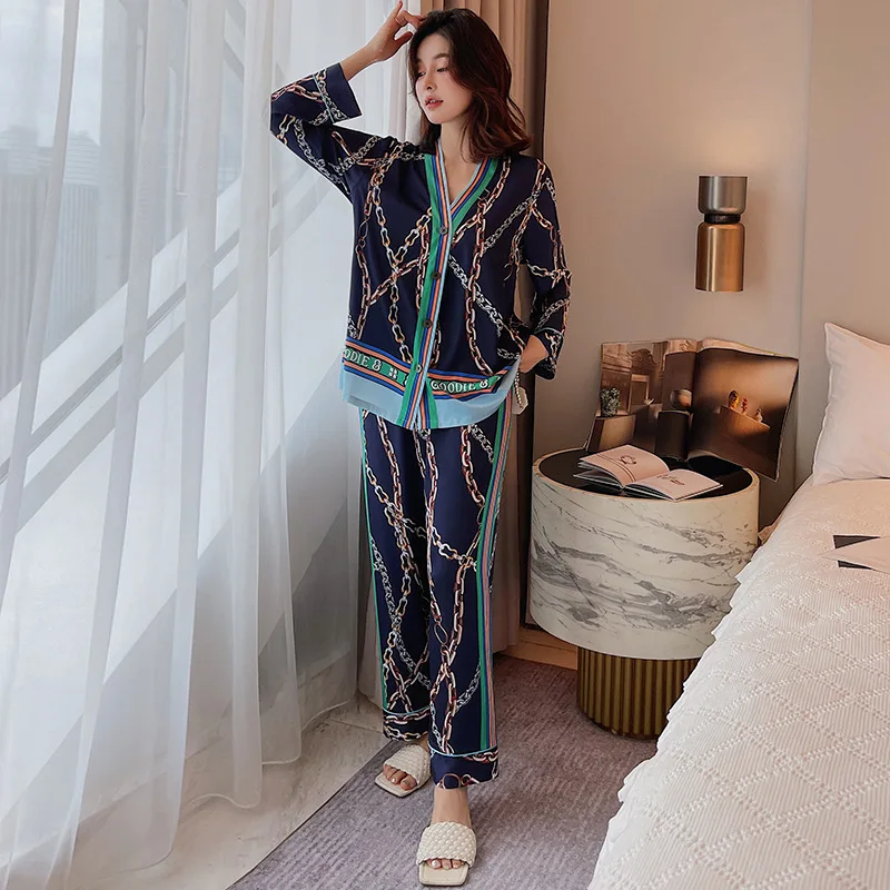 Luxury Women Pajamas 2PCS Set V NECK Plaid Print Sleepwear Silk Home Clothing Large Nightwear For Spring Summer