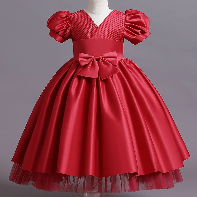 

Summer 2022 New Arrivals Girls Short Puff Sleeve Bow Red Pink Sky Blue Cute Designer Elegant Evening Party Girl Dresses 4-7T