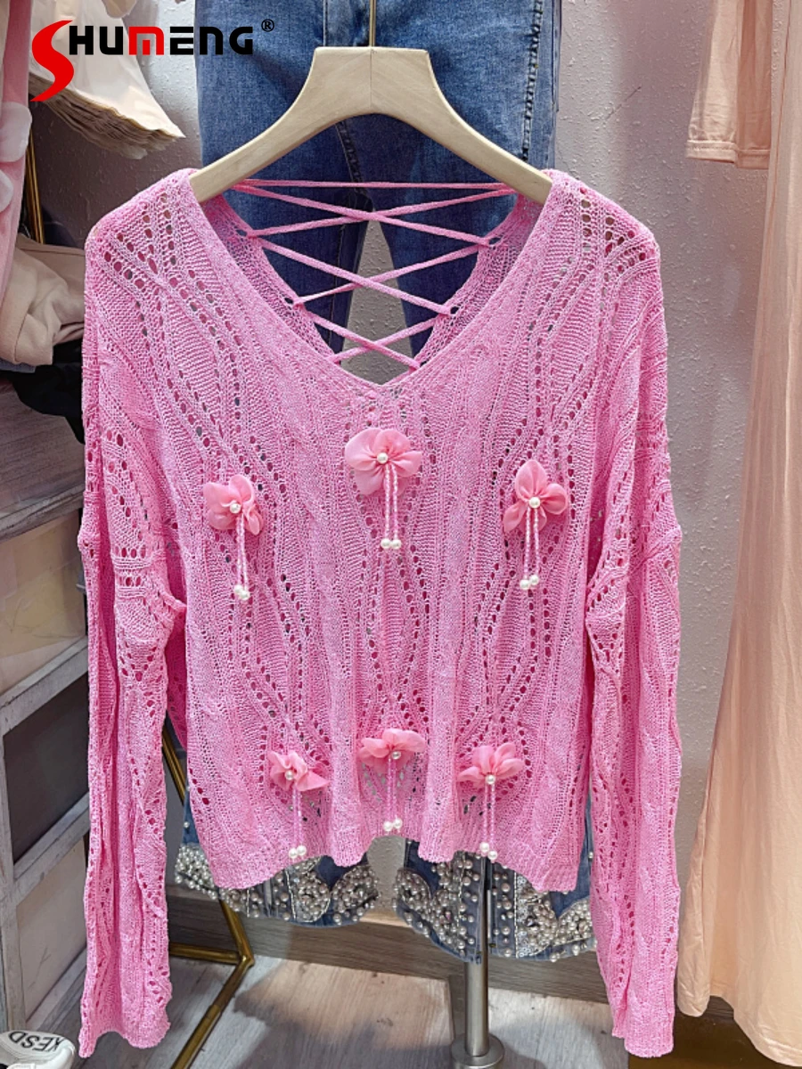 

Korean Style Fashion Sweet Hollow Backless Beaded Knitted Top Women's 2022 Fall New Elegant Flower Loose Lazy Style Knitwear Top