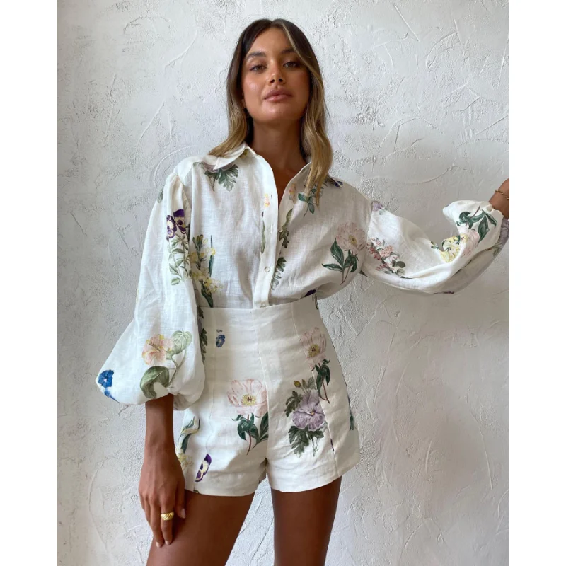 Women Flower Pattern Loose Versatile Linen Shirt or Shorts Set Womens Clothing