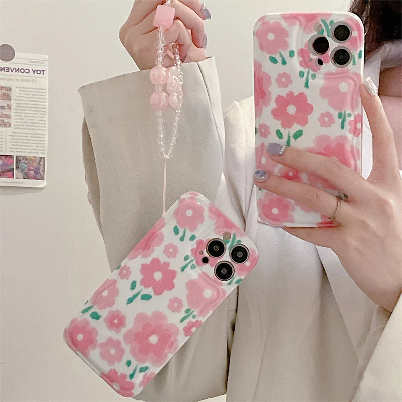 

Fashion Unique Pink Flower Pattern Soft Phone Case For IPhone 13 12 Pro Max XR XS X 11 Bracelet Protect Shockproof Back Cover