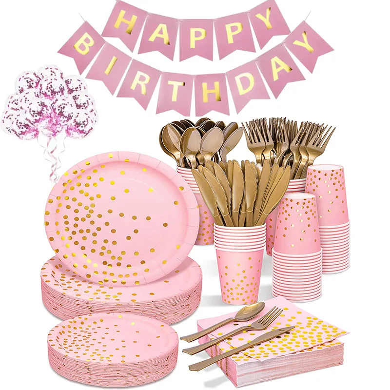 

Gold Pink Disposable Tableware Set Paper Plates Cup Napkin Baby 1st Birthday Party Decor Baby Shower Girl Party Supplies Balloon