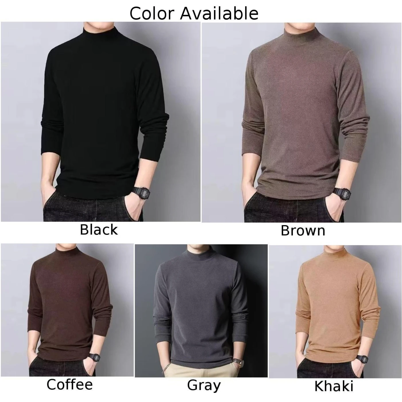 Men Half Turtleneck Thermal Shirt Solid Color Elastic Double Sided Fleece Top Solid Long Sleeved Self-heating Bottoming Shirt