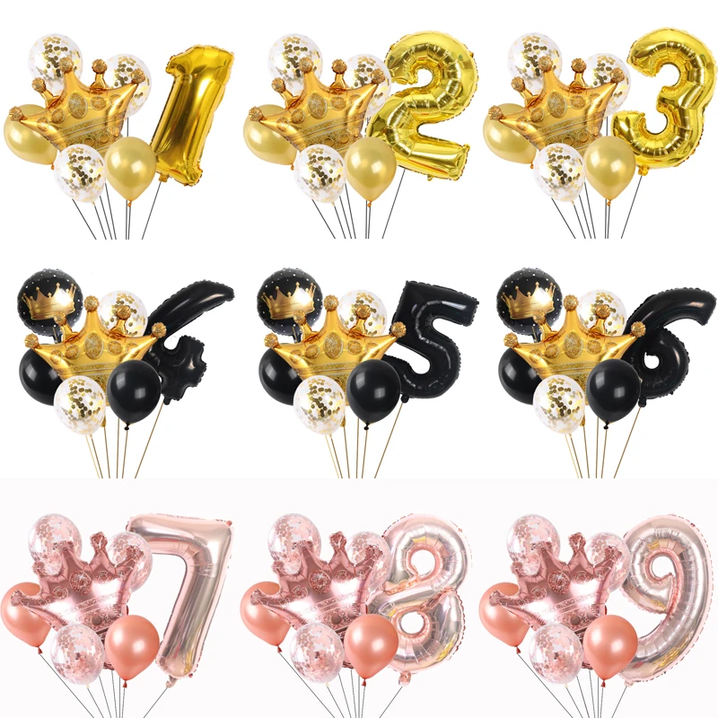 7 шт./компл. розовое золото черная принцесса Корона фольга латекс воздушный шар