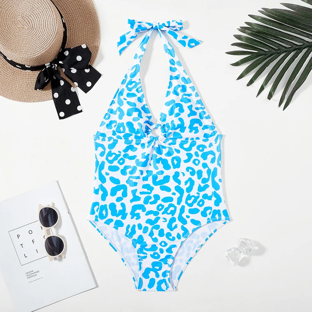 

Large Girls Tropical Print One-piece Swimsuit Teen Girls Bow Strap Halterneck Swimwear Kids Beach Bathing Suits