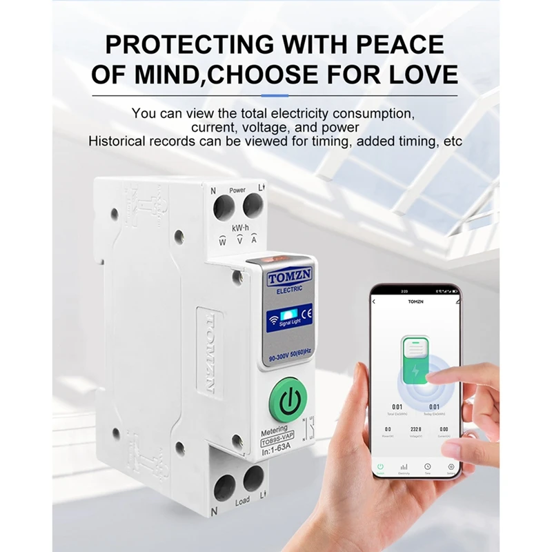 TOMZN TOB9S-VAP TUYA Smartlife 63A 1P + N WIFI умный переключатель счетчик энергии кВтч