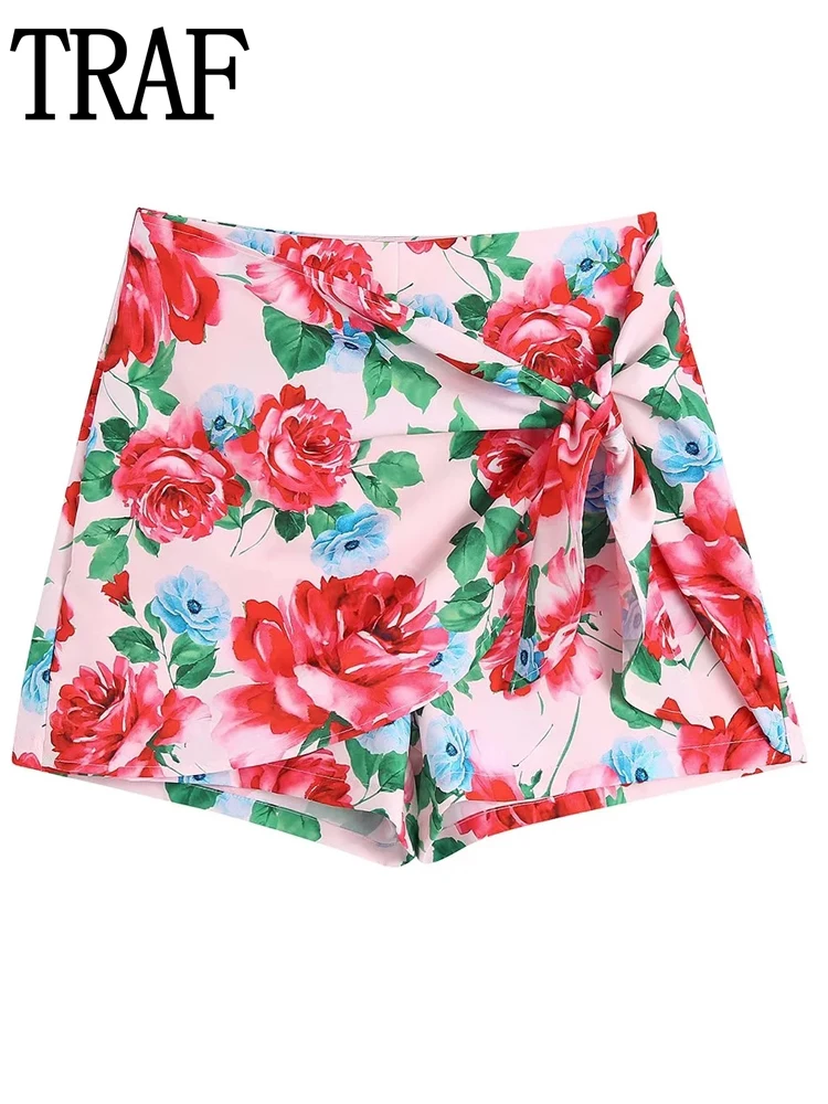 

TRAF Women's Print Shorts Summer High Waist Shorts Skirt For Women Vintage Knotted Floral Culottes Fashion Y2K Beach Shorts