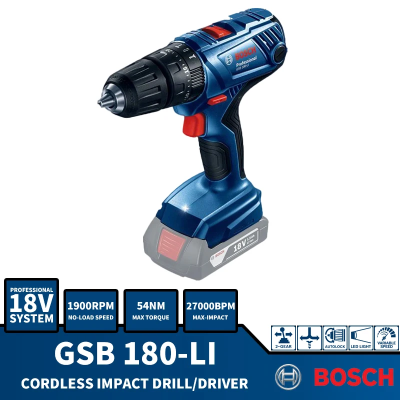

Дрель ударная Bosch GSB 180-LI, многофункциональная отвертка с регулировкой скорости, 18 в