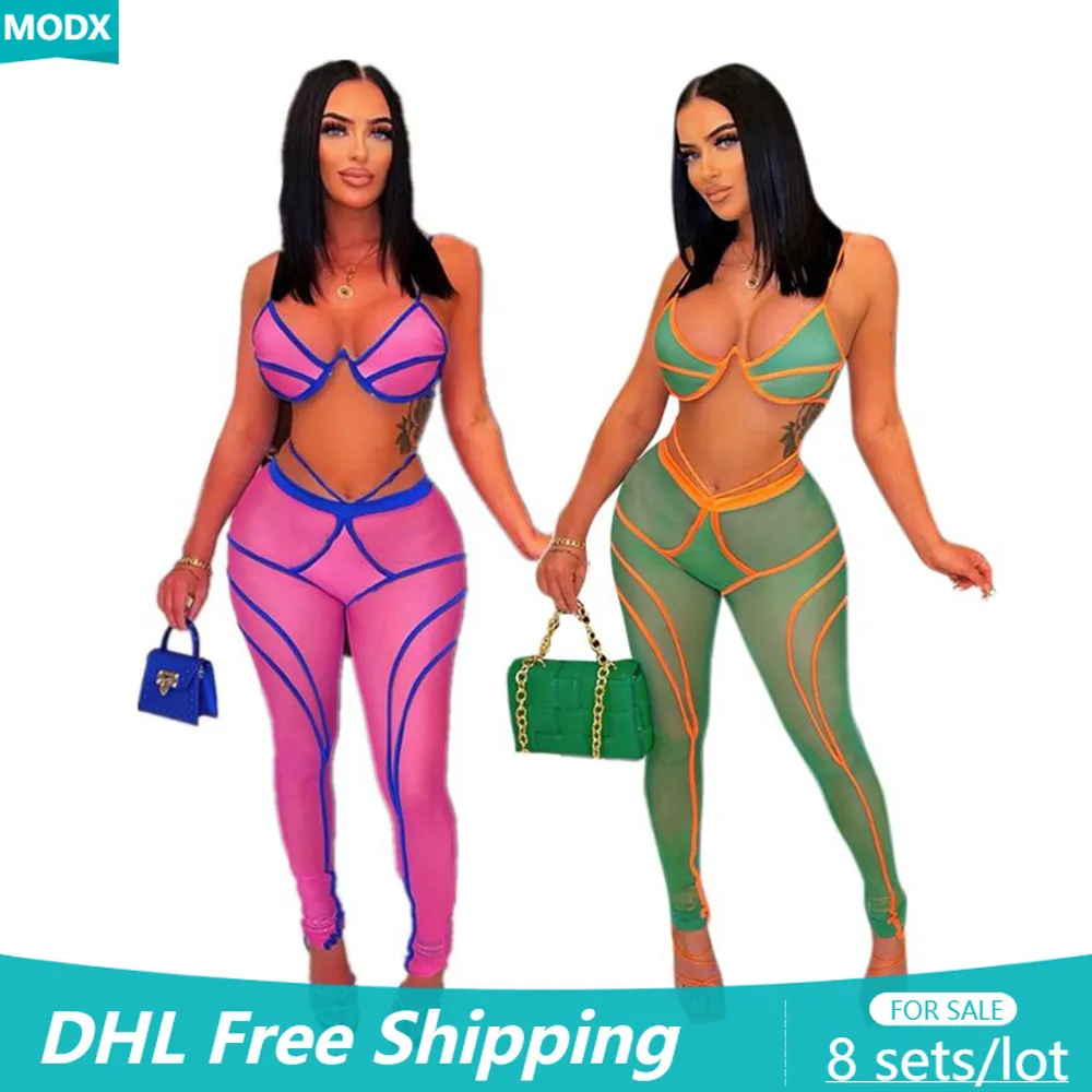 

MODX Wholesale Sexy Mesh Splice 2 Piece Set Women See Through Pants Suit Halter Bra Top + Trouser Lady Club Outfit Female 8068